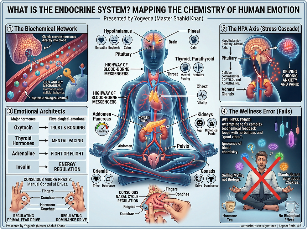 Anatomische Infografik von Yogveda Yoga Bern: Das endokrine System. Nervensystem vs endokrines System, Anatomie von Burnout, eine Karte der 9 Drüsen und der Mythos der Chakra-Heiler.