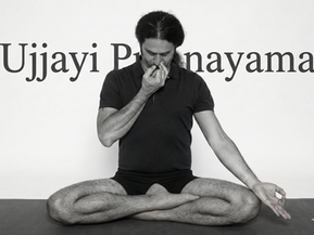 Black and white image of Master Shahid Khan sitting in Siddhasana, performing Ujjayi Pranayama with specific finger placement on the nose for controlled exhalation.