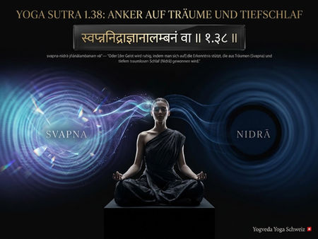 3D-Visualisierung zu Yoga Sutra 1.38: Zwei Gehirnprofile im Vergleich (REM-Traumchaos vs. Delta-Tiefschlafstille) zur Regulierung des unruhigen Geistes durch Meditation, mit Vagusnerv-Darstellung und medizinischer Grafik.