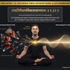 Fotorealistisches medizinisches Infografik-Diagramm zu Yoga Sutra 1.32: Sitzender Praktizierender im Profil, der zerbrochene Spiegelsplitter (Hindernisse) über einen zentralen goldenen Eka-Tattva-Fokus in eine kohärente Lichtwelle bündelt.