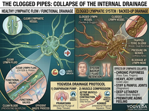 Anatomical diagram medical illustration of a clogged lymphatic system showing stagnant toxic sludge, joint stiffness, and fluid retention compared to a healthy flow reactivated by Yogveda muscle-to-bone compression and Pranayama.