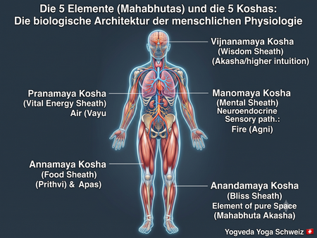 Ganzkörper-Illustration der menschlichen Anatomie mit den 5 Koshas und den 5 Elementen (Mahabhutas) im Nervensystem.