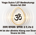 Ein kraftvolles, minimalistisches Design auf weißem Grund: Ein leuchtend goldenes kosmisches Ei (Garbhāṇḍa) mit einem zentrierten, fetten OM-Symbol (ॐ), von dem saubere, kreisförmige Schwingungswellen ausgehen. Unten steht der Sanskrit-Text von Yoga Sutra 1.27.