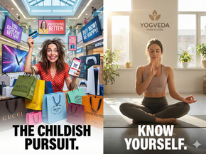 Geteiltes Bild. Links: Eine manisch lächelnde Frau umgeben von Einkaufstüten und Werbung ("Du verdienst Besseres") repräsentiert die kindische Jagd nach Glück. Rechts: Eine ruhige Frau meditiert geerdet in einem minimalistischen Yogastudio, was wahre Selbsterkenntnis und Zufriedenheit darstellt.