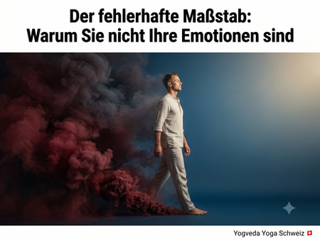 Eine tiefgründige, kunstvolle Darstellung eines Mannes, der aus einer roten Rauchwolke tritt und in die Stille findet, als Symbol für die Unabhängigkeit von Gefühlen, präsentiert von Yogveda Yoga Bern.