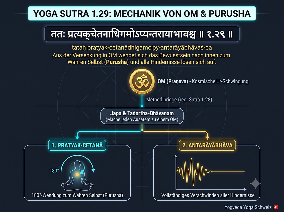 Wissenschaftliches Dark-Mode-Infografik-Diagramm zu Yoga Sutra 1.29 mit Devanagari-Sanskrit-Text, dem OM-Symbol, der 180-Grad-Bewusstseinswendung zum Purusha und der Darstellung flach verlaufender Schwingungswellen.