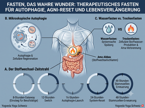 Ein medizinisches Vektordiagramm zur zellulären Autophagie, dem Abbau von Ama und den Phasen für therapeutisches Fasten.
