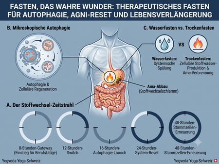 Ein medizinisches Vektordiagramm zur zellulären Autophagie, dem Abbau von Ama und den Phasen für therapeutisches Fasten.