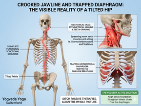A crooked jawline, teeth grinding, and shallow breathing caused by a trapped diaphragm, all visual results of a tilted hip. Corrected by Yogveda Yoga.