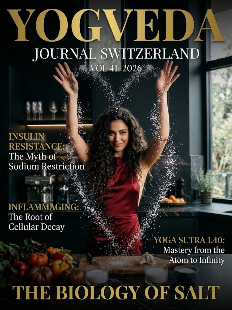 Cover of Yogveda Journal Switzerland Vol. 41 titled The Biology of Salt, featuring an exceptionally beautiful woman in a high-end black kitchen setting, wearing a flowing dark red gown and tossing salt into the air, with the salt crystals raining down in a heart shape to symbolize heart health.