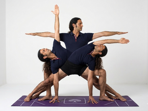Biomechanische Infografik Yogveda Yoga Bern: Geometrische Präzision in Trikonasana und Virabhadrasana II zur Vermeidung von Bandscheibenvorfällen und ISG-Scherung.