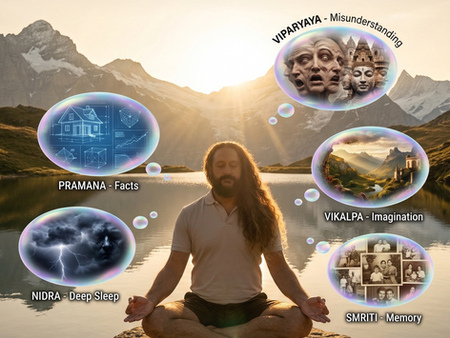 "Meister Shahid Khan meditiert bei Sonnenaufgang auf einem Felsen an einem Alpensee. Vor ihm liegen ein geschlossenes schwarzes Notizbuch und ein offenes Ringbuch mit der Aufschrift 'BOOK OF THOUGHTS'. Über ihm steht der Text zu Yoga Sutra 1.12. Ihn umgeben fünf schwebende Blasen, die die mentalen Schwankungen visualisieren: Pramana (Fakten), Nidra (Tiefschlaf), Viparyaya (Missverständnis), Vikalpa (Einbildung) und Smriti (Erinnerung)."