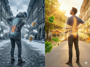 A conceptual image split in two halves. Left: A man in winter in Bern with a painful, blue back, surrounded by sugar and pills. Right: The same man in sunlight with a healthy, glowing back, surrounded by turmeric, green vegetables, and seeds.