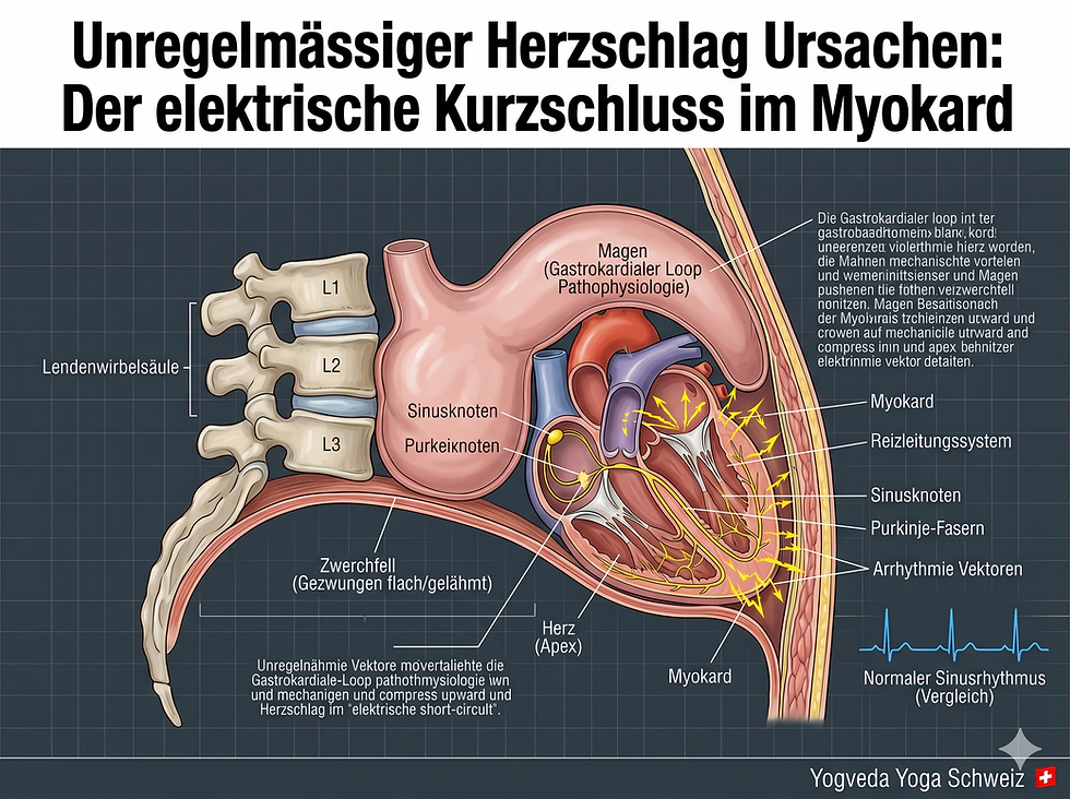 Medizinische Nahaufnahme des menschlichen Torsos, die zeigt, wie ein aufgeblähter Magen das Zwerchfell blockiert und den Vagusnerv komprimiert, präsentiert von Yogveda Yoga.