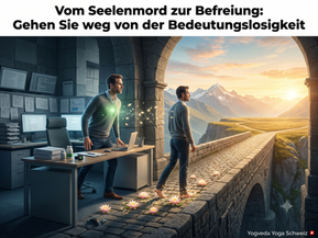 Eine künstlerische und ausdrucksstarke Fotografie eines Angestellten, der seinen Schreibtisch und Computer verlässt, um einen hellen Bergpfad zu betreten, symbolisch für das Ende von Seelenmord und den Beginn echter Transformation durch Yogveda Yoga Bern.