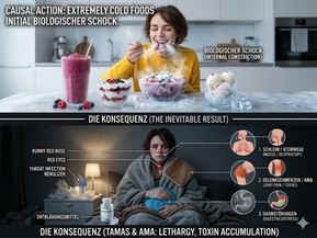 Yogveda Yoga Bern Infografik: Die verheerenden Folgen des Verzehrs kalter Speisen. Sie zeigt den Kontrast zwischen happy Konsum (oben) und der Realität von Krankheit, Tamas, Ama und chronischen Leiden wie Gelenkschmerzen und Atemwegsproblemen (unten).