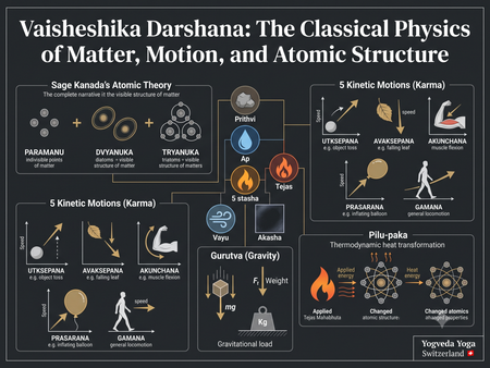 University-level scientific diagram of Vaisheshika Darshana physics showing atomic combinations, force vectors, and thermodynamics.
