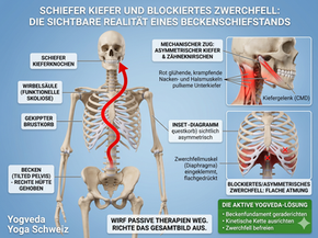 Ein schiefer Kiefer, Zähneknirschen und flache Atmung durch ein blockiertes Zwerchfell als sichtbare Folgen eines Beckenschiefstands. Korrigiert durch Yogveda Yoga Bern.
