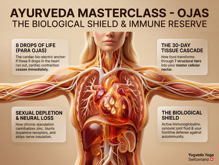 Medical 3D infographic illustrating Ojas as a biological shield, cardiac pacemaker regulator, myelin sheath protectant, and endocrine reserve in the human body.