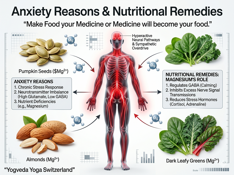 High-end medical infographic of a person experiencing biological panic highlighting anxiety reasons and nutritional remedies through magnesium.