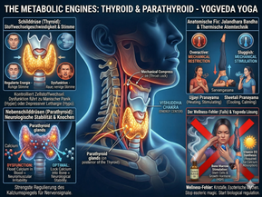Anatomical infographic Yogveda Yoga Switzerland: Thyroid, Parathyroid, and Vishuddha Chakra. Anatomy of hormonal regulation via Jalandhara Bandha and Handstands.