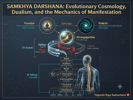 Explore Samkhya Darshana: Sage Kapila's cosmology, Purusha, Prakriti, the Cosmic Egg, the 25 Tattvas, and applied biomechanics in Yogveda Yoga.
