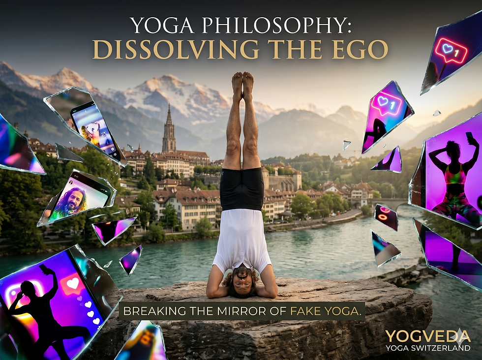 Master Shahid Khan in a headstand breaking the mirror of the ego and the Fake Yoga social media world. A symbol of true Yoga Philosophy in Switzerland.
