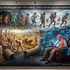 Fotorealistische medizinische Illustration, die die menschliche Evolution von prähistorischem Stress in kalten Höhlen bis zum biologischen Kollaps und Wirbelsäulenkompression durch modernen Komfort und künstliche digitale Angst zeigt.