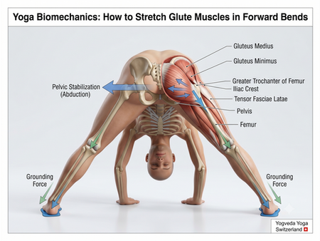 Anatomical textbook chart style poster detailing Gluteus Maximus, Medius, and Minimus actions during wide-legged forward fold by Yogveda Yoga Switzerland.