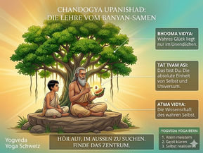 Traditional scene from the Chandogya Upanishad: The sage Uddalaka Aruni teaching his son Svetaketu the truth of Tat Tvam Asi under the Banyan tree, featured at Yogveda Yoga.