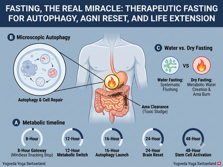 Anatomical teaching diagram explaining autophagy, Ama elimination, and the optimal clinical phases of therapeutic fasting.
