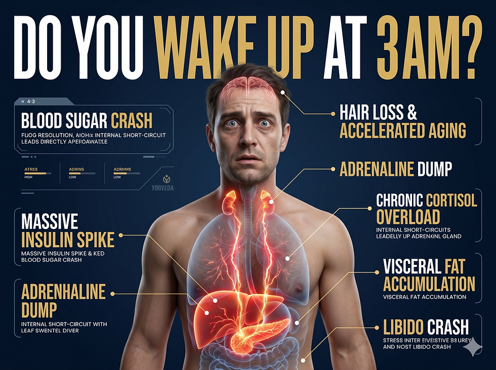 Biochemical explanation by Yogveda Yoga Switzerland: How insulin spikes and chronic cortisol lead to burnout, hair loss, libido crash, and insomnia.
