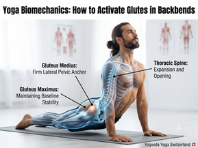 Anatomical textbook chart detailing gluteal muscle activation and pelvic extension to support a yoga backbend by Yogveda Yoga Switzerland.