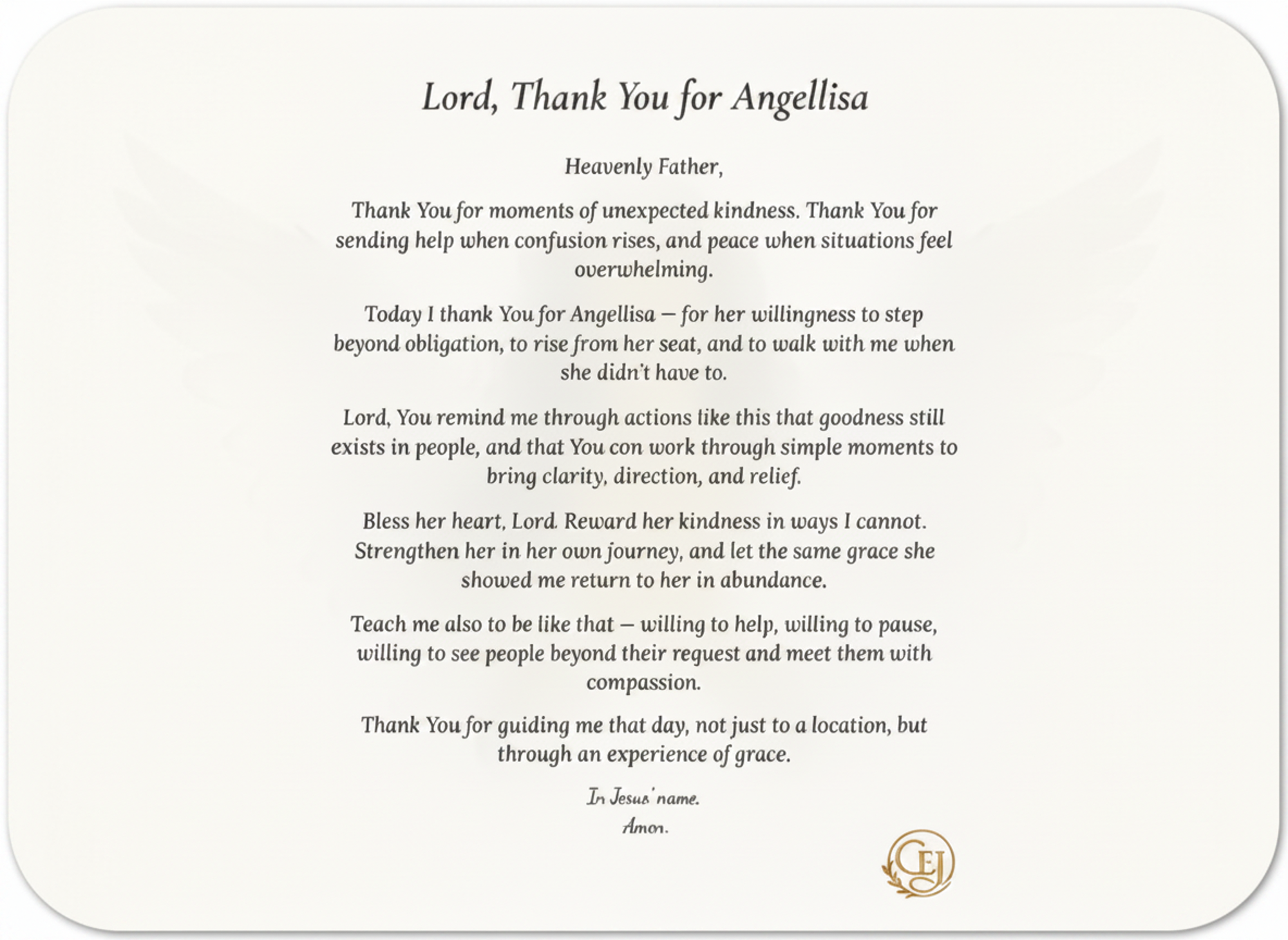 Lord, Thank You for Angellisa