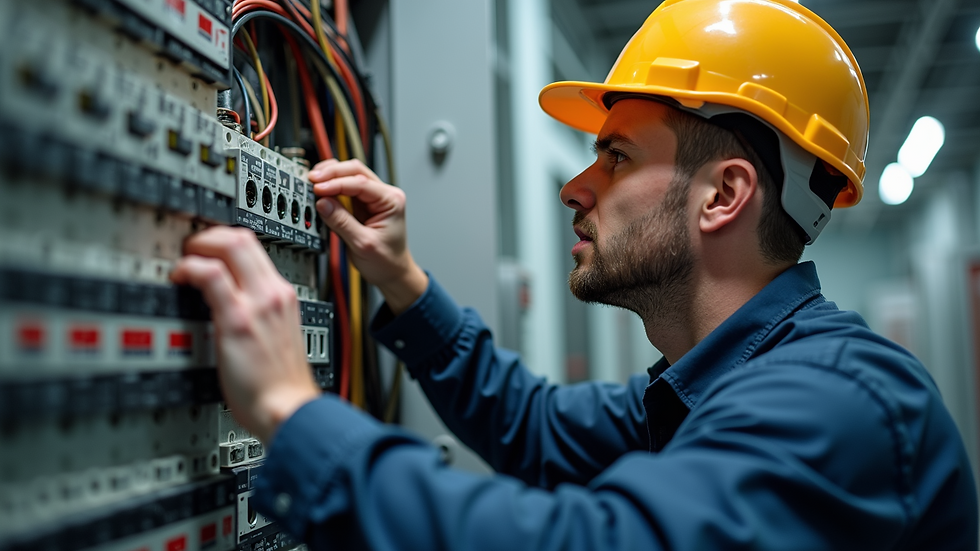 Close-up view of an electrician working on a circuit breaker panel
