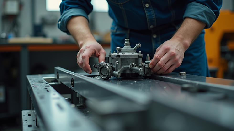 Close-up view of a custom machine being assembled in a fabrication shop