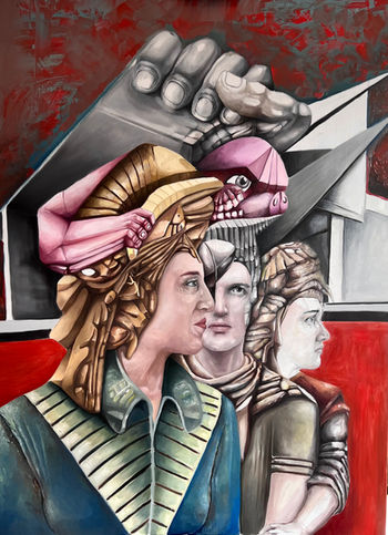 Surreal painting featuring three figures with stylized, ornate headgear, surrounded by abstract architectural shapes, a large hand, and vivid red accents in the background.