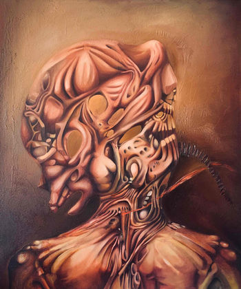 Surreal abstract painting with interconnected human and organic forms, showing faces, body, and intricate textures against a red textured background.