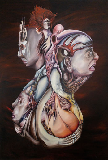 Surreal abstract painting depicting layered human faces and organic textures intertwined, with expressive features and warm reddish-brown background."