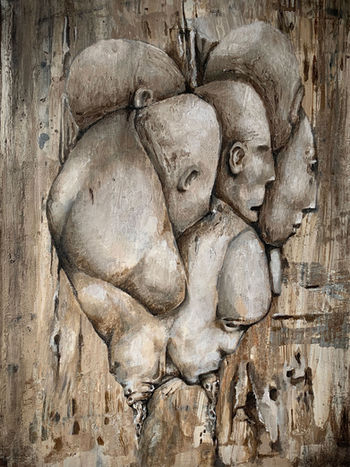 Surrealistic painting depicting intertwined human heads and torsos merging into one form, rendered in muted earth tones. The piece captures an abstract, almost sculptural texture, emphasizing themes of unity, conflict, and introspection. The neutral browns and grays evoke a raw, organic feel, set against a textured, distressed background.