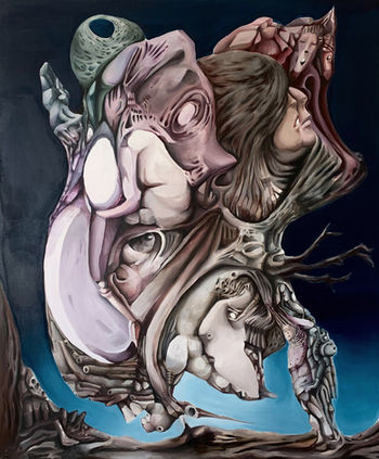 Surreal Art on Canvas with interconnected human and organic forms, showing faces, limbs, and intricate textures against a dark blue background.