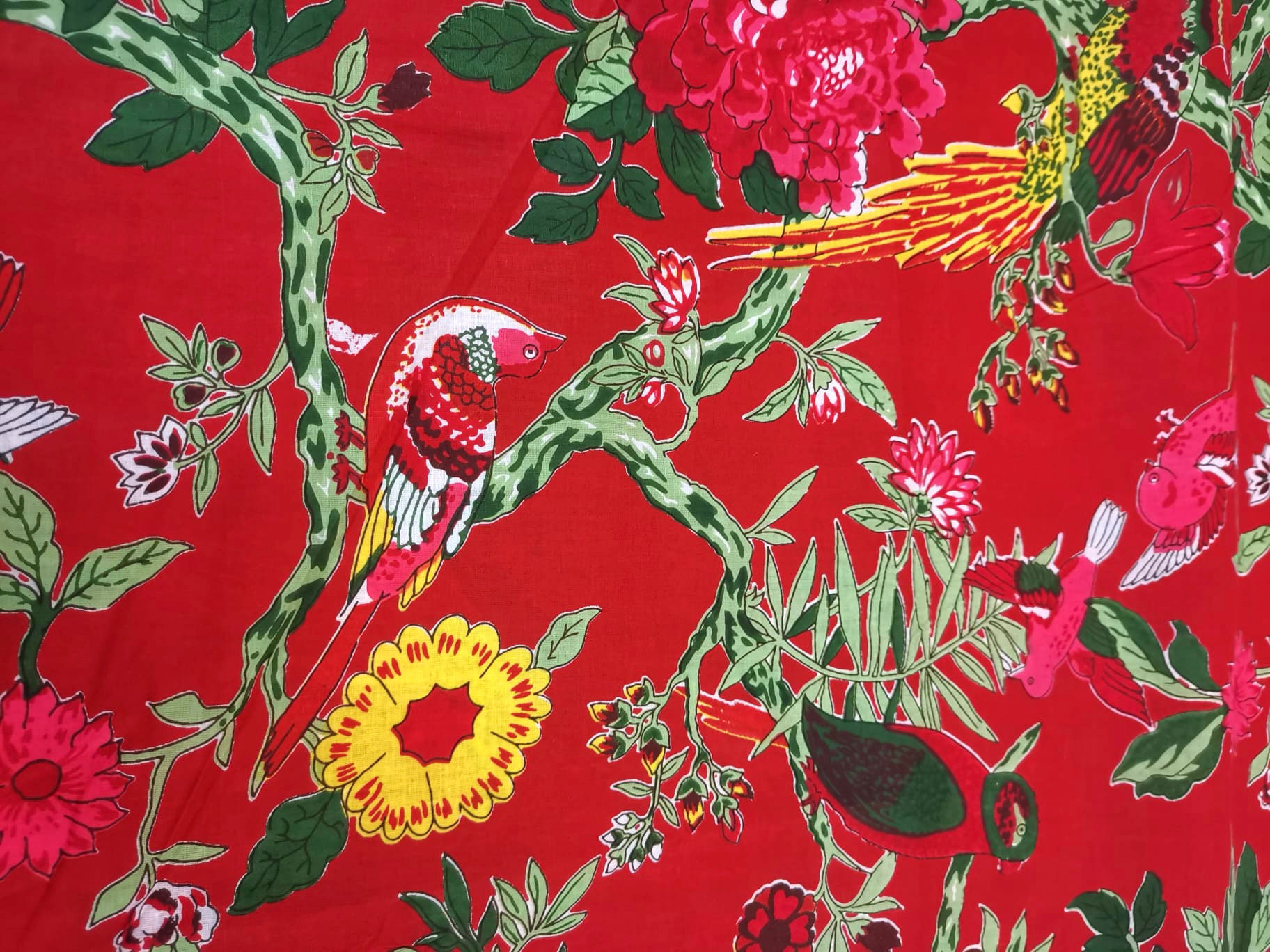 Woven Cotton - Hand Screen Printed - Bird And Floral Print - Red  And Multi 