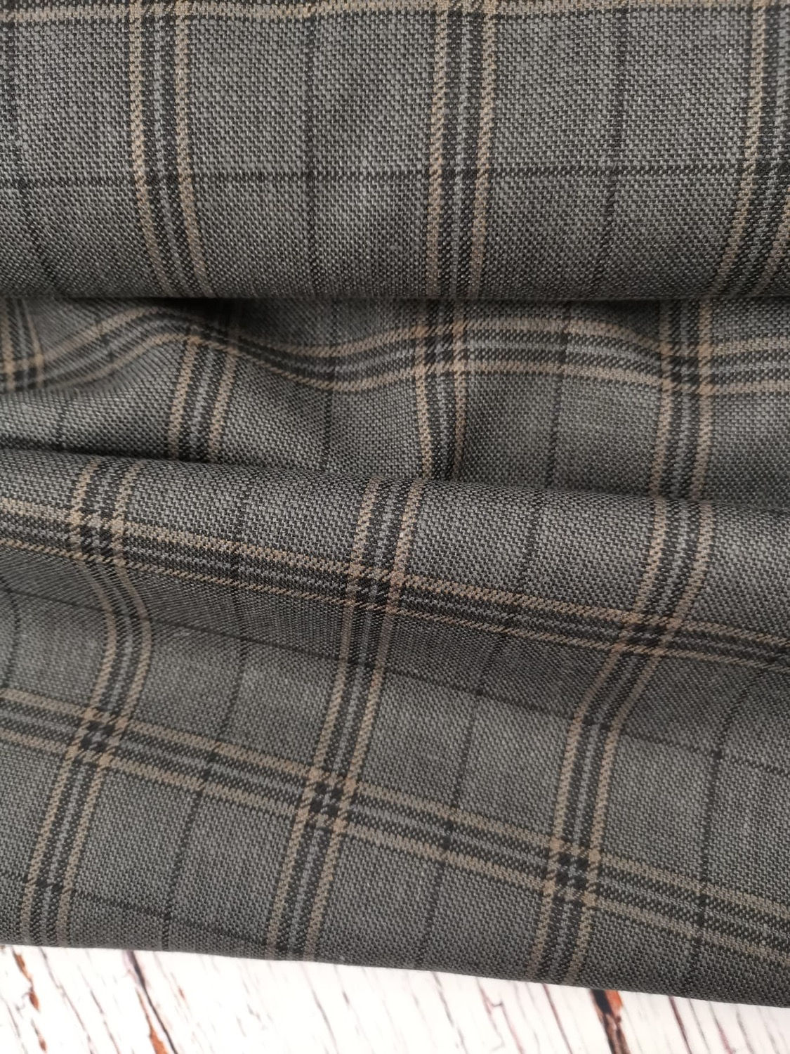 Dress Fabric - Ex Designer -Wool mix- Suiting Weight - Check - Grey And Taupe