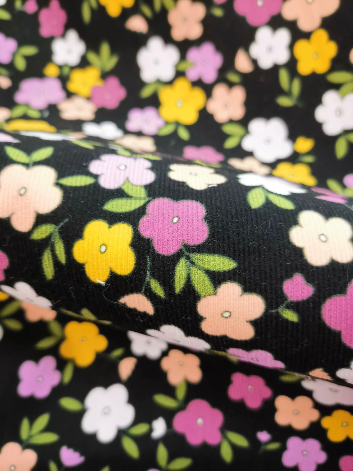 Fine Needlecord - Floral Print - Black And Multi