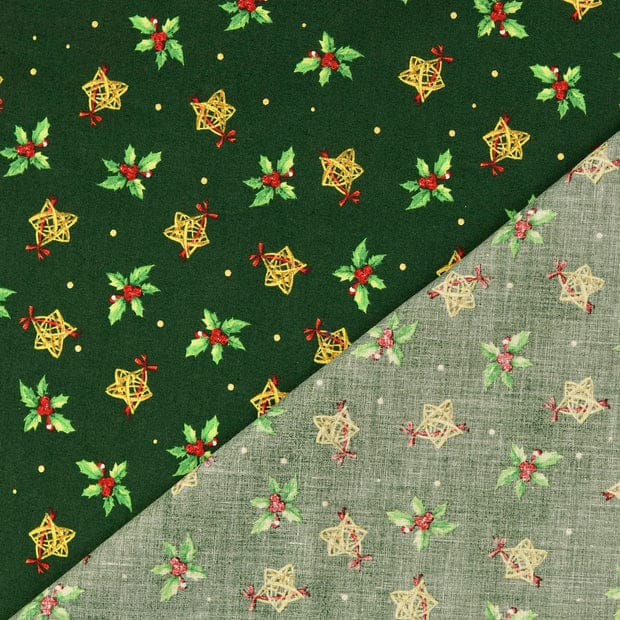 Thumbnail: Cotton Poplin - Christmas Small Holly & Star Print - Green & Multi