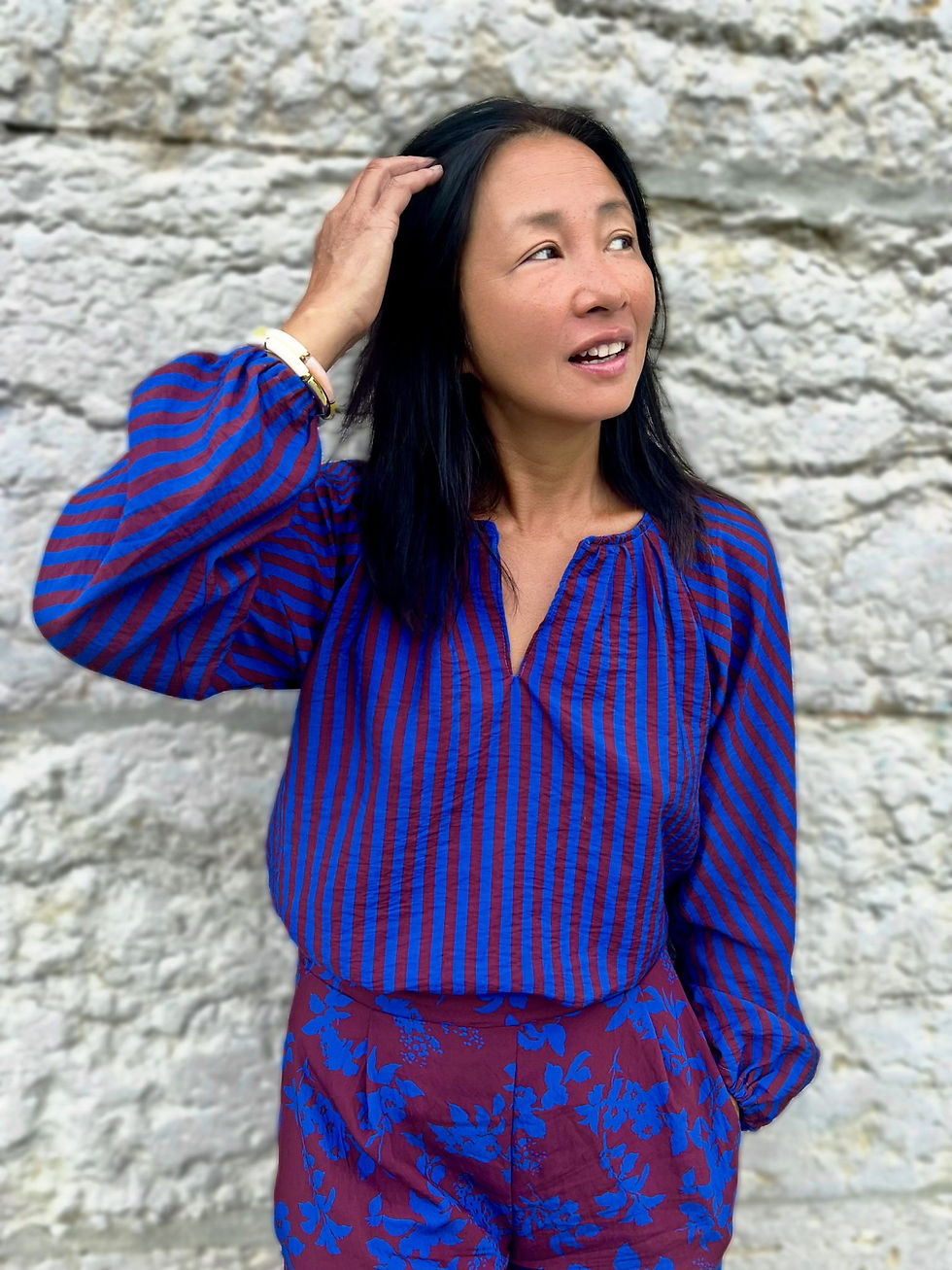 Thumbnail: Woven Textured Viscose - My Dress Made - Stripe Print - Klein Blue & Burgundy   