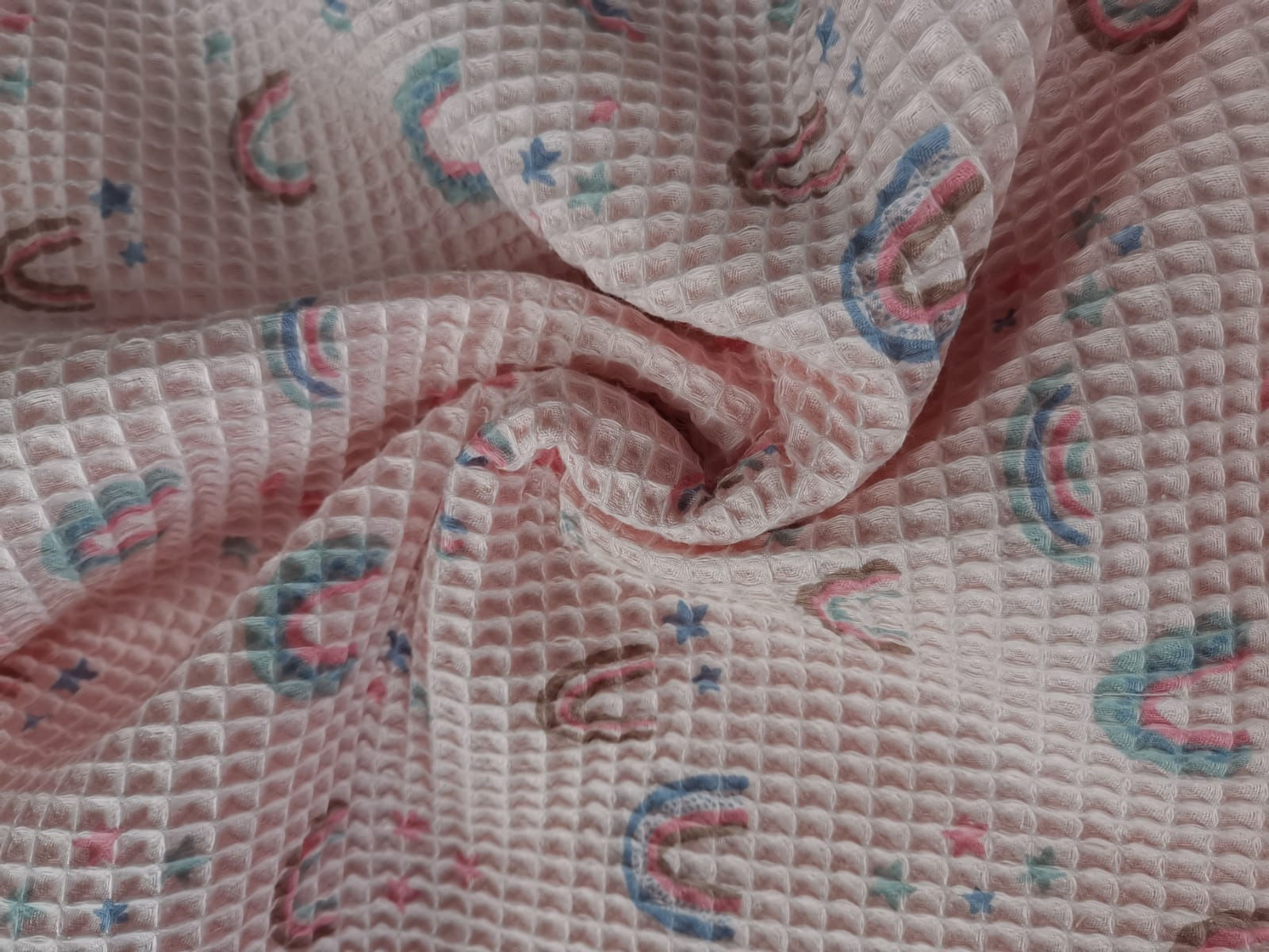Waffle Cotton - Rainbow Print - Pale Pink And Multi