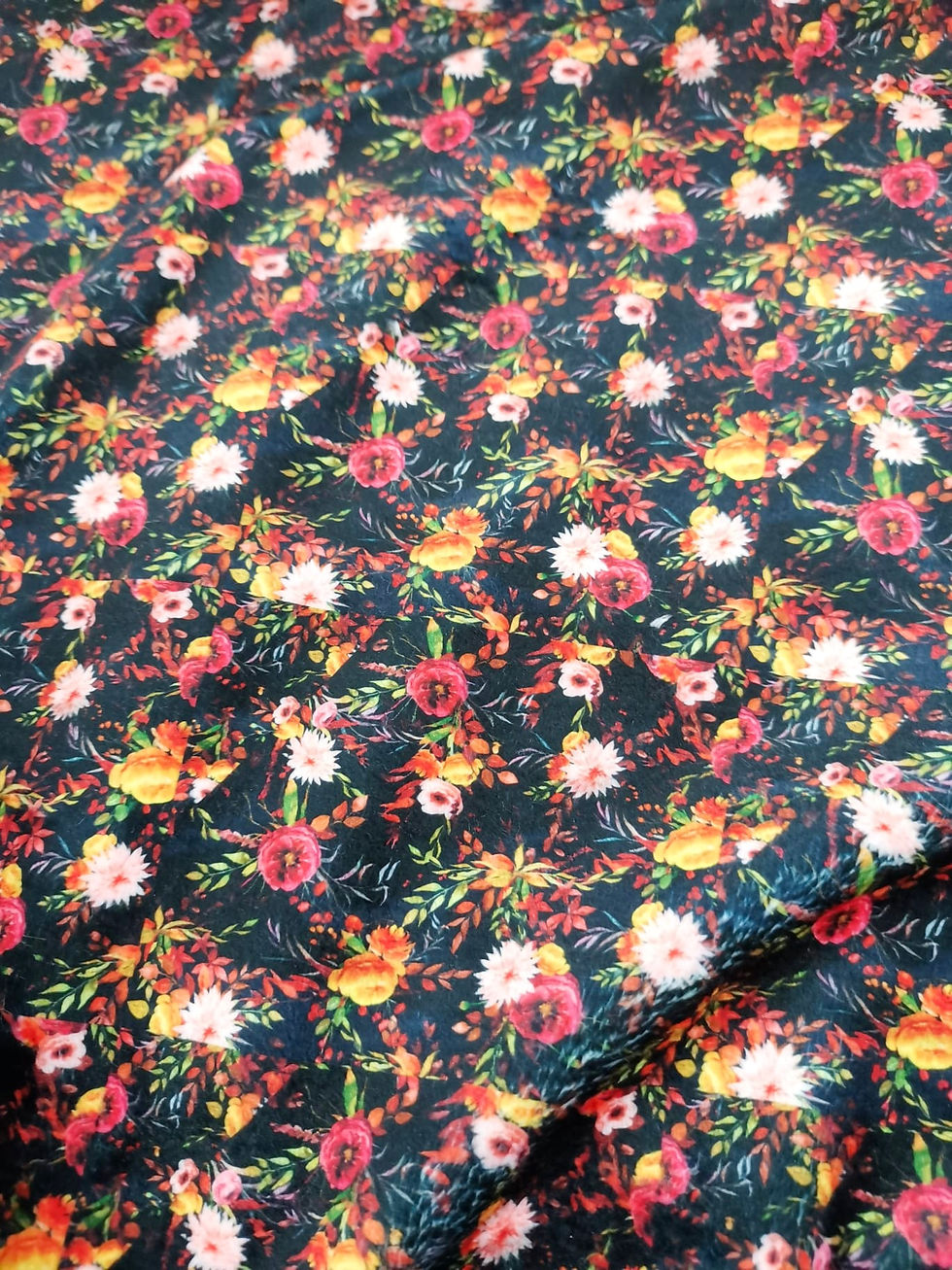 Thumbnail: Minky Fabric - Smooth To Touch - Digital Floral Print - Black And Multi