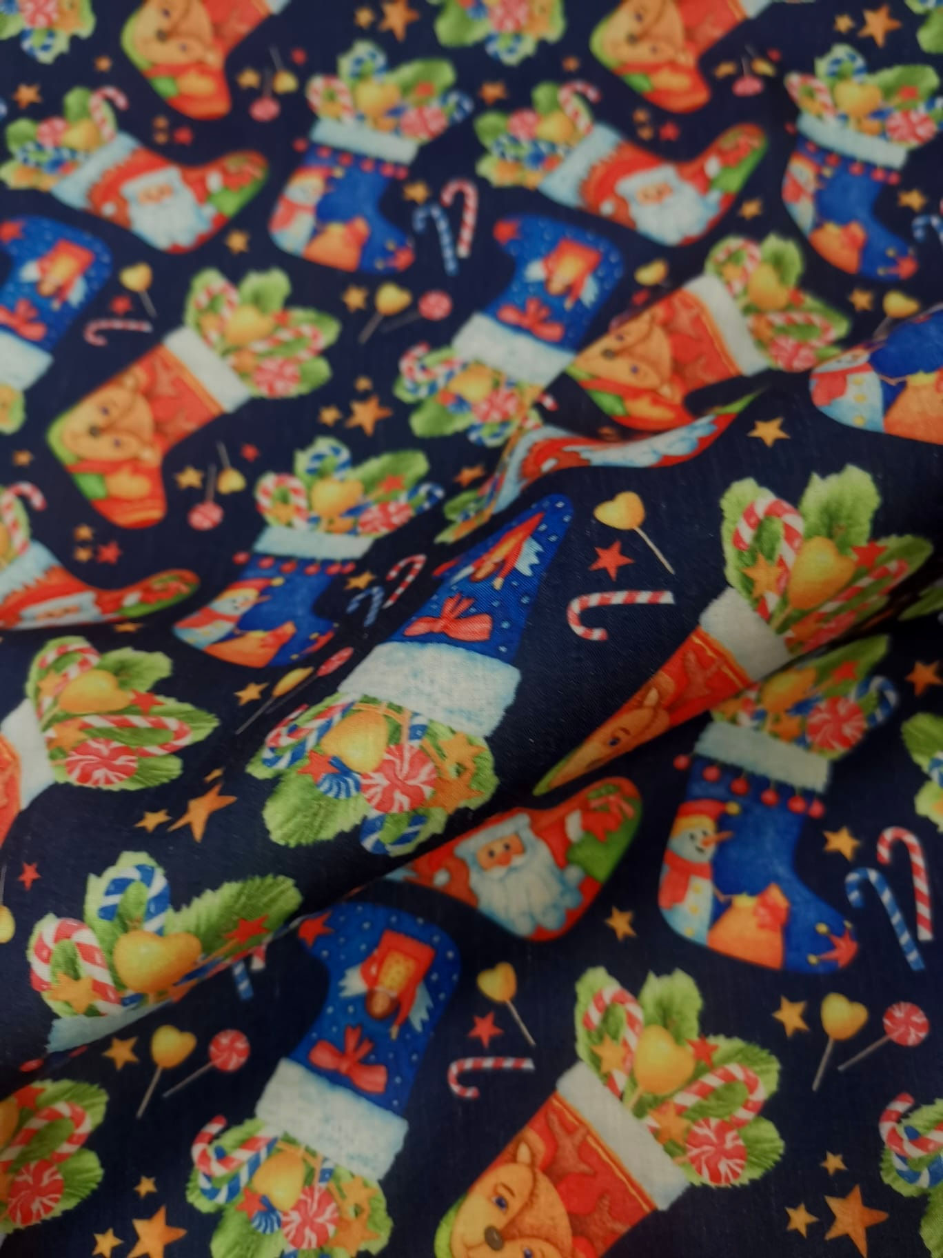 Poly Cotton Fabric - Christmas Stocking Print - Navy & Multi