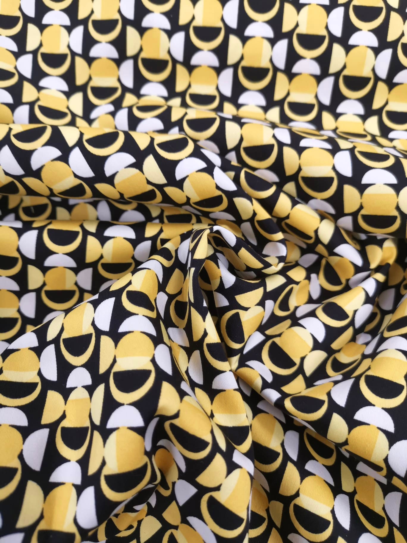 Stretch Cotton Mix Satin - Abstract Print - Black, Yellow & White 